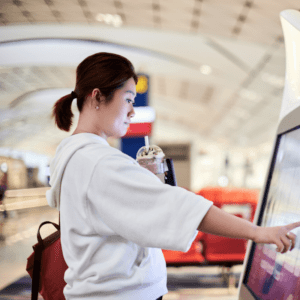 woman at airport interacting with digital signage