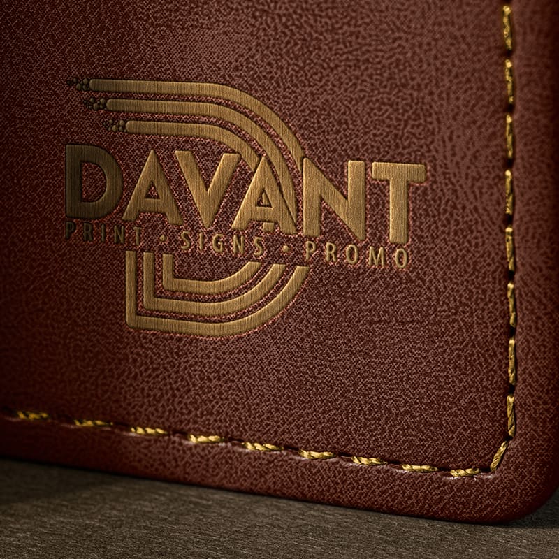 Gold threaded embroidered logo on folio by davant